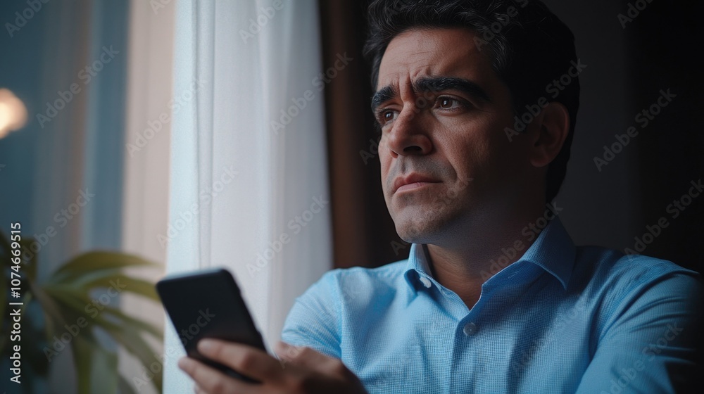 Man in Deep Thought on Smartphone