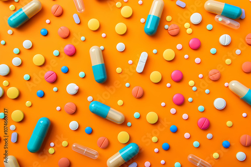 Top view of multicolored pills and capsules on orange background