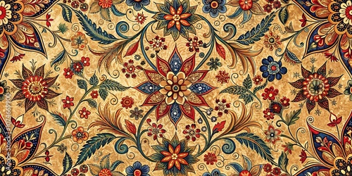 Intricate floral design with golden accents, rich colors and intricate details, creating a captivating and artistic pattern.