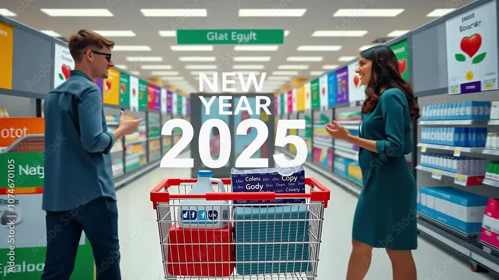 Shoppers using smart carts that automatically scan and pay for items for New Year 2025