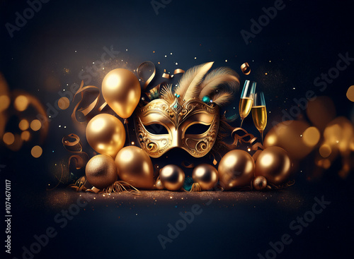 A golden masquerade mask surrounded by gold balloons, champagne flutes, and sparkling confetti against a dark blue background. photo