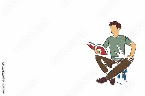 Single one line drawing man sitting on child's chair reading book. Telling an exciting story book. Cultivating interest in reading. World Read Aloud Day. Continuous line design graphic illustration