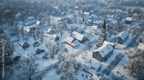 Aerial view of a small town in winter. photo