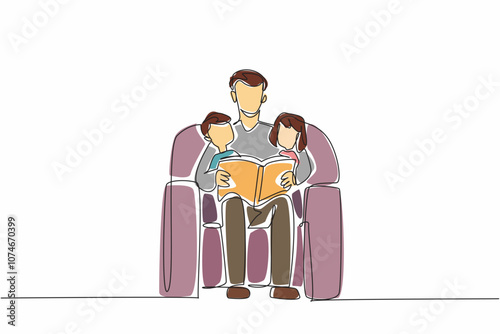 Continuous one line drawing man with two children sitting on sofa reading a book together. A model father. A good hobby to pass on. World Read Aloud Day. Single line draw design vector illustration
