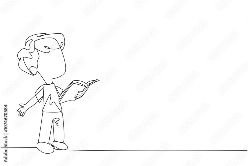 Single continuous line drawing boy standing reading a book. Interesting stories. Cultivate children's interest in reading through comic. World Read Aloud Day. One line design vector illustration Single continuous line drawing boy standing reading a book. Interesting stories. Cultivate children's interest in reading through comic. World Read Aloud Day. One line design vector illustration