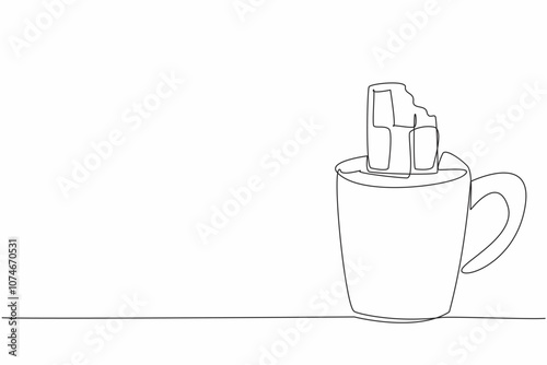 Continuous one line drawing mug containing chocolate drink and chocolate bar. A drink and a snack at the same time. Relaxing. National Hot Chocolate Day. Single line draw design vector illustration