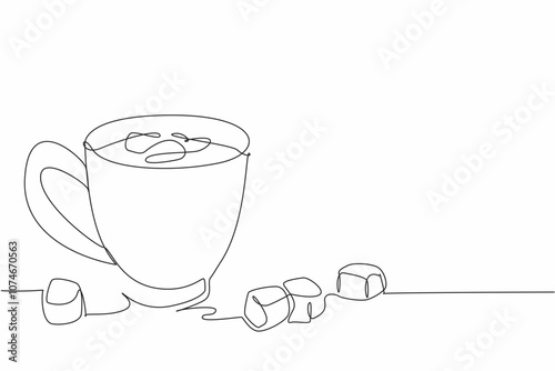 Single one line drawing chocolate drink in a mug and scattered marshmallows. Warm. Sweet. Calming. Relaxing and chilled out. National Hot Chocolate Day. Continuous line design graphic illustration