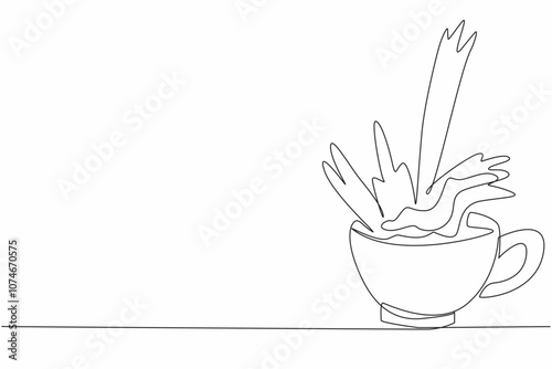 Single continuous line drawing chocolate drink poured into the cup from above. An advertisement for a mind-soothing drink. Relaxation. National Hot Chocolate Day. One line design vector illustration