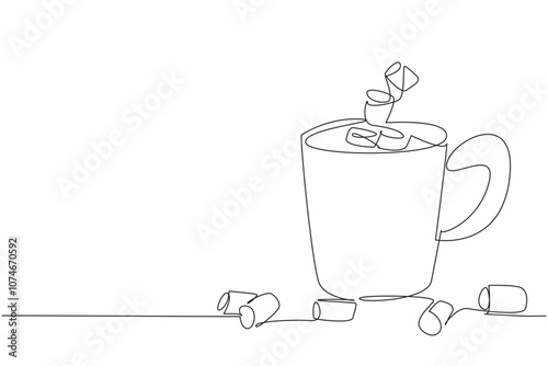 Continuous one line drawing the mug filled with chocolate drink and marshmallows. Enhances taste and texture in mouth. Sweet. National Hot Chocolate Day. Single line draw design vector illustration