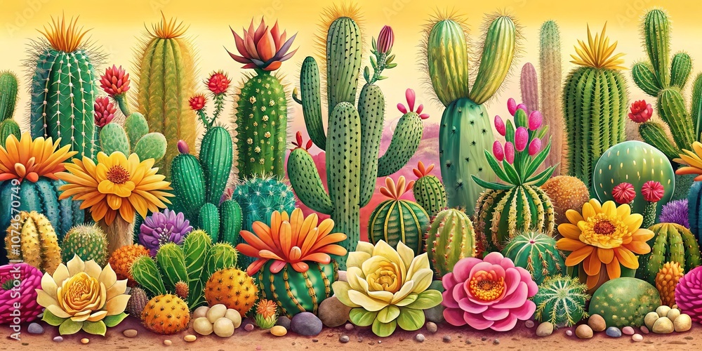 A vibrant collection of diverse cactus species, each showcasing unique textures and colors, adorned with blooming flowers in a desert landscape. A vibrant collection of diverse cactus species, each showcasing unique textures and colors, adorned with blooming flowers in a desert landscape.