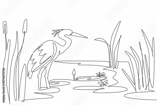 Single one line drawing stork standing on the lake. Wild grass growing around it. Beautiful twilight atmosphere. Habitat. Ecosystem. World Wetlands Day. Continuous line design graphic illustration