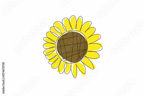 Continuous one line drawing sunflower seen close up. Details and patterns are visible. Flower symbol of loyalty. Flower of spiritual guidance. Kansas Day. Single line draw design vector illustration