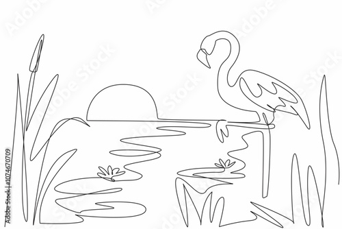 Single continuous line drawing flamingo bird standing on the lake with sunset view. Amazing view towards evening. Environmental. Ecosystem. World Wetlands Day. One line design vector illustration