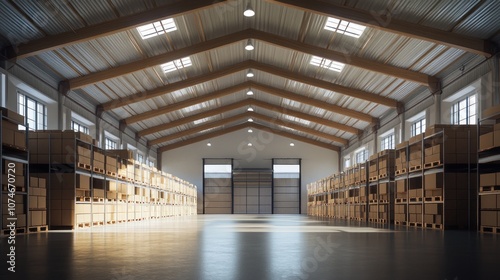 Empty Warehouse Interior with Cardboard Boxes on Shelves