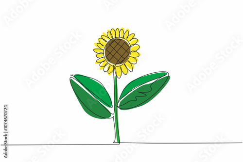 Single one line drawing a stalk of sunflower. Growing strong, fresh and giving joy from its color. The leaves are useful as a wound healer. Kansas Day. Continuous line design graphic illustration