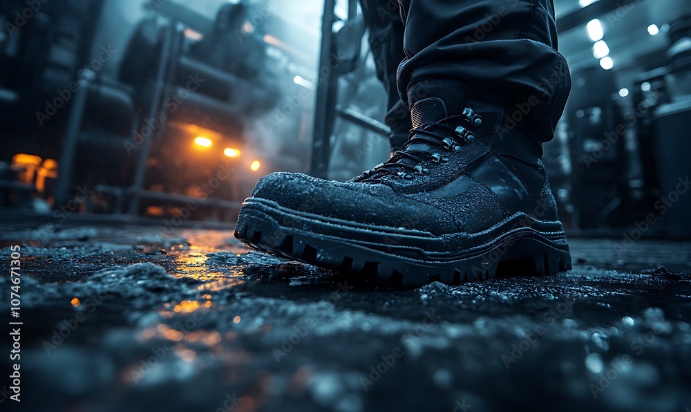 A close-up of a rugged boot on a wet surface, set in an industrial environment with dim lighting, suggesting durability and adventure. A close-up of a rugged boot on a wet surface, set in an industrial environment with dim lighting, suggesting durability and adventure.