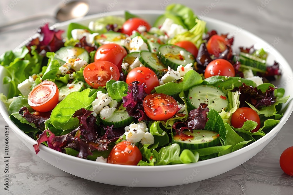 Fresh Green Salad with Cherry Tomatoes, Cucumber, and Feta Cheese Fresh Green Salad with Cherry Tomatoes, Cucumber, and Feta Cheese
