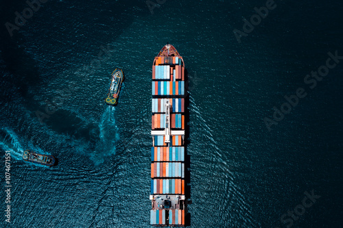 Photography shipping logistic cargo container ship in black sea import export goods and distributing products to dealer and consumers across worldwide, by container ship transport business, industry service
