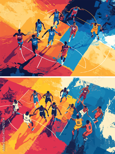 Basketball top view match cartoon illustrations. Mens national jerseys white black players active poses characters running standing team game unity, sport arena court fight ball area concepts