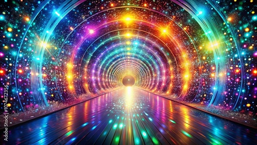 An illuminated path through a kaleidoscope of swirling colors and twinkling lights, leading towards an unknown destination.