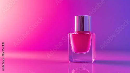 Pink nail polish bottle on a pink and purple gradient background.