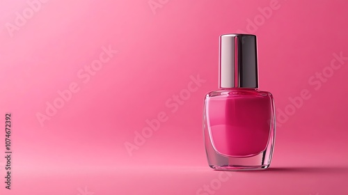 A pink nail polish bottle on a pink background.