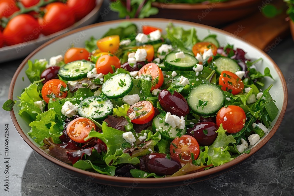 Fresh Salad with Tomatoes, Cucumbers, Olives, Feta Cheese, and Greens Fresh Salad with Tomatoes, Cucumbers, Olives, Feta Cheese, and Greens