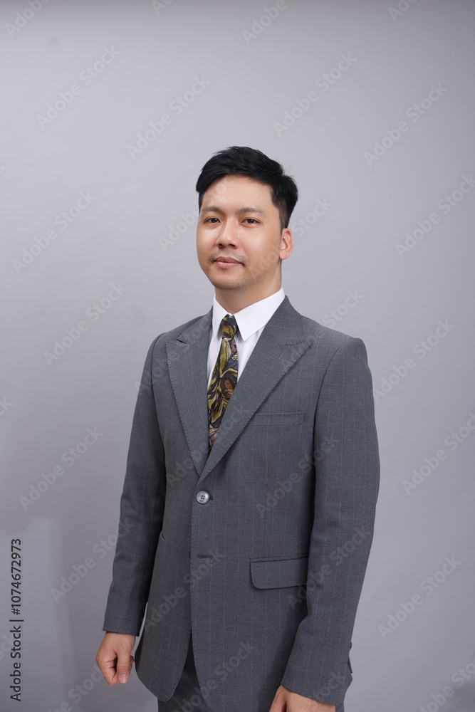 arafed man in a suit and tie standing in front of a gray wall