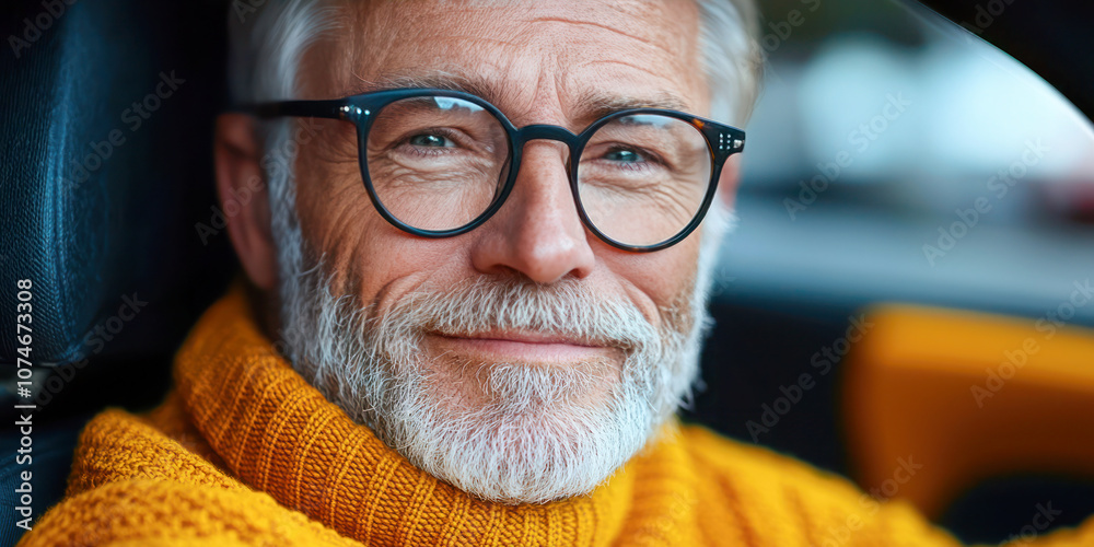 Smiling elderly man with glasses and a white beard wearing a warm yellow sweater sitting in a car. Smiling elderly man with glasses and a white beard wearing a warm yellow sweater sitting in a car.