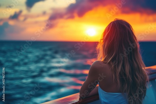 A young woman gazes at the sunset from the deck of a cruise ship.