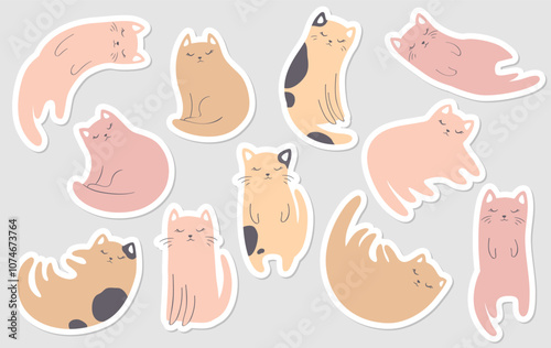 Vector illustration with cute cartoon cats stickers collection in pastel colors isolated on grey background. Adorable animal design for card print, wallpaper, poster, nursery decoration