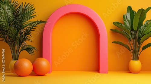 Vibrant Summer Scene with Colorful Pink Arch, Orange Oranges, and Lush Green Plants Against a Bold Yellow Background for Freshness and Joy