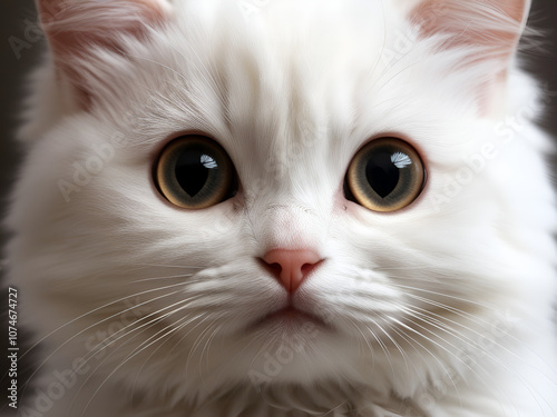 cute little white furry cat with dilated pupils looking at the camera