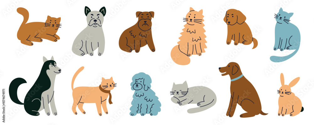 Obraz premium Vector illustrations collection of various pets, cute cats, dogs, and rabbit, in flat cartoon style. Domestic animals set deal for pet related designs, vet clinic icons, playful decor