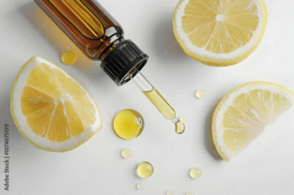 custom made wallpaper toronto digitalTop view of cosmetic oil flowing out of dropper next to bottle and slice of lemon on white