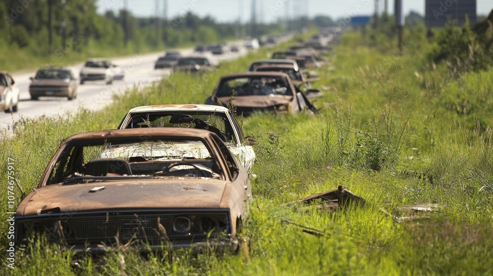 Post-Apocalyptic Scene of an Abandoned Highway Overgrown with Grass, Symbolizing Economic Collapse and Disruption of Travel