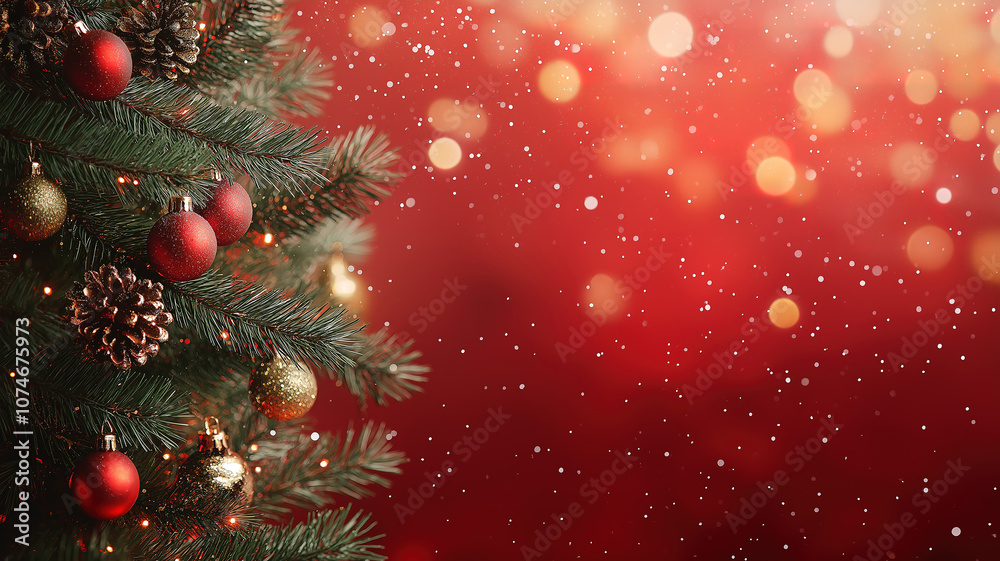 Merry Christmas card with Xmas tree and bokeh lights on red canvas background Merry Christmas card with Xmas tree and bokeh lights on red canvas background