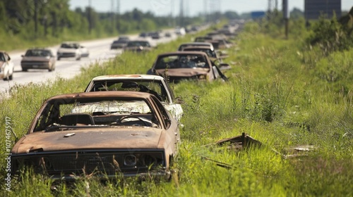 Obraz na płótnie Post-Apocalyptic Scene of an Abandoned Highway Overgrown with Grass, Symbolizing Economic Collapse and Disruption of Travel w salonie