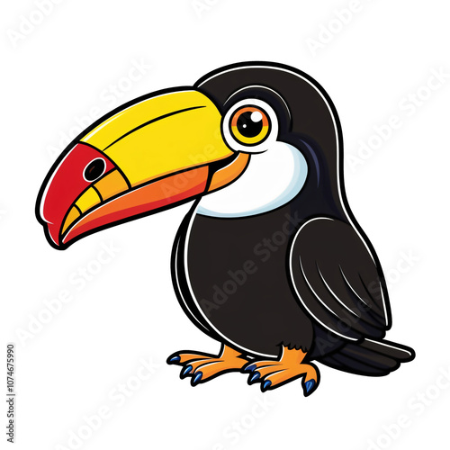 Cartoon toucan with vibrant beak and cheerful expression on white background, generative ai photo