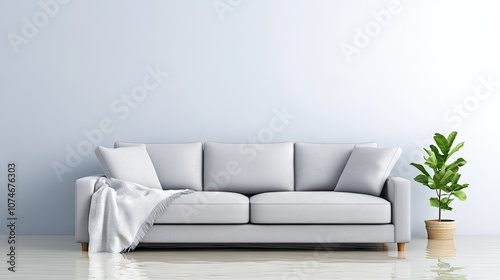 A stylish modern couch surrounded by water in a flooded living room with soft light blue hues and a touch of greenery