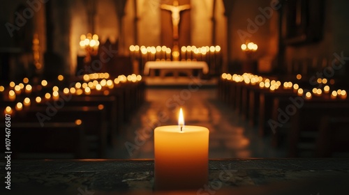 Peaceful Candlelit Chapel with Glowing Altar and Pews in Solemn Atmosphere