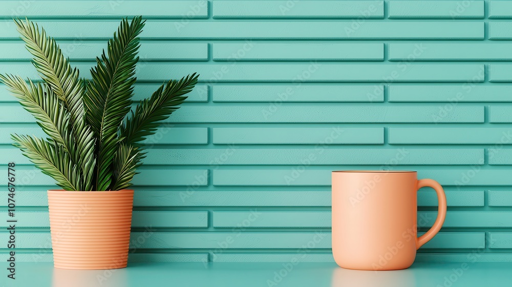 Modern Minimalist Composition Featuring Potted Plant and Ceramic Cup Against Textured Aqua Background in Contemporary Style Setting Modern Minimalist Composition Featuring Potted Plant and Ceramic Cup Against Textured Aqua Background in Contemporary Style Setting