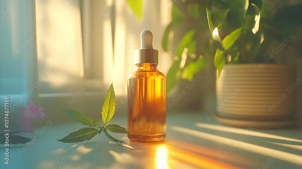 Glass Bottle of Amber Liquid with Green Leaf and Pink Flower on a White Surface with Sunbeams - Product Photography Glass Bottle of Amber Liquid with Green Leaf and Pink Flower on a White Surface with Sunbeams - Product Photography
