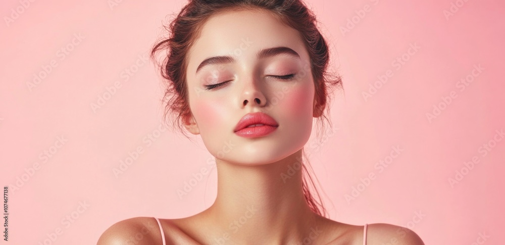 Beautiful woman's portrait with closed eyes and open mouth in a pink color on a pink background. Beautiful woman's portrait with closed eyes and open mouth in a pink color on a pink background.