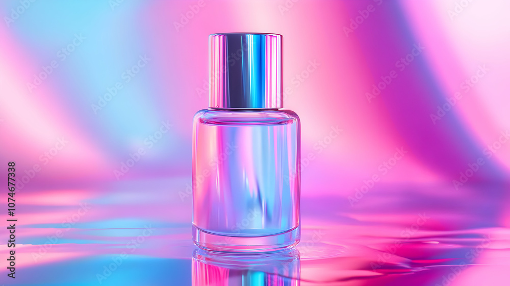 Glass Bottle with Silver Cap on Neon Gradient Background - 3D Illustration Glass Bottle with Silver Cap on Neon Gradient Background - 3D Illustration