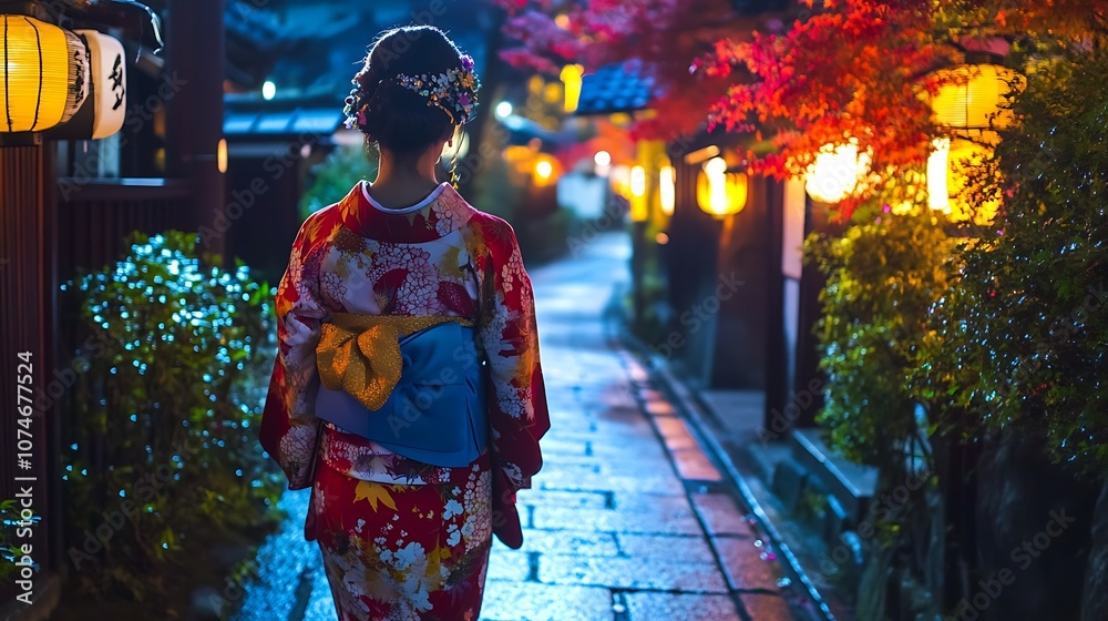 Fototapeta premium Woman in a traditional Japanese kimono walks along a cobblestone street at night. The street is lit by lanterns, and the woman is walking toward the camera.
