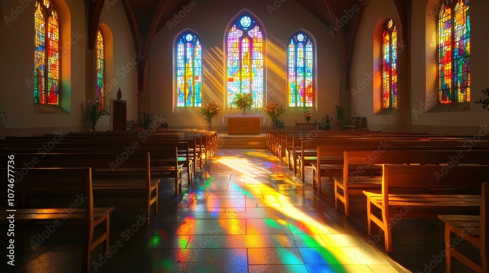 Obraz premium Serene Chapel Interior with Vibrant Stained Glass Illumination