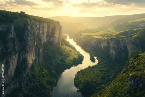 Majestic River Winding Through Picturesque Cliffs and Lush Valley at Sunrise