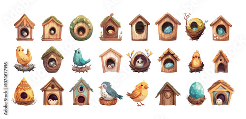 Bird houses cartoon vector set. Eggs nest tiny timber dwelling songbirds huts little homes, flying animals wooden handmade shelter roost nesting den, isolated illustrations on white background