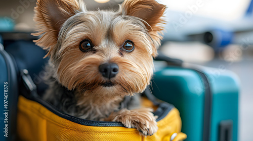 A small dog sits in an open green travel bag at the airport, with a next flight sign visible in the background 